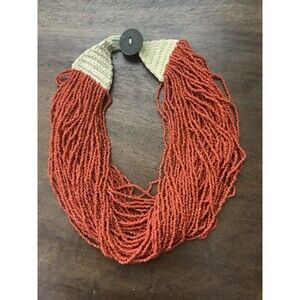 VTG Konyak Naga Red Coral Glass Seed Beads Multi Strand Necklace-51934 Coin